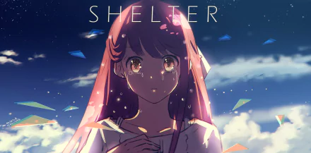 HD desktop wallpaper of anime character Rin from Shelter. The image features Rin with tears in her eyes against a sky backdrop with clouds and floating paper planes. The word SHELTER is at the top.