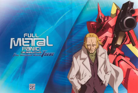 Full Metal Panic! anime HD PC desktop wallpaper: a stern older man in a white coat stands before a red mecha against a blue graphic backdrop with the series logo.