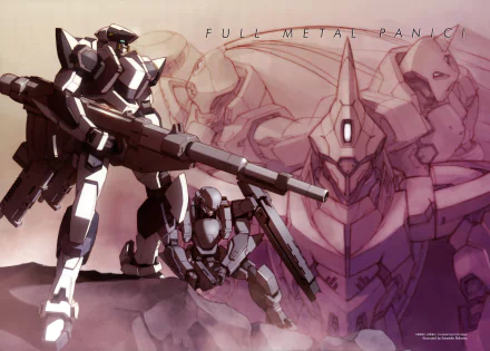 4K Ultra HD anime wallpaper featuring mecha from Full Metal Panic! with two armed robots in the foreground and a larger mech sketch in the background under the series title.