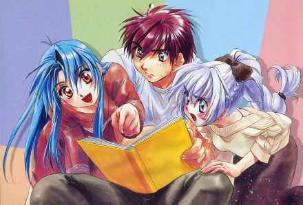 HD anime PC desktop wallpaper from Full Metal Panic! showing three characters—blue, red and silver-haired—huddled over a yellow book against a soft pastel background.
