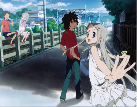 Anohana anime 5K Ultra HD PC desktop wallpaper: cheerful ghost girl in a white dress reaches out while a boy and friends walk along a sunny village street.