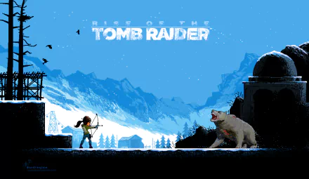 Pixel art 4K Ultra HD wallpaper featuring Lara Croft from Rise of the Tomb Raider aiming a bow, set against a snowy mountain backdrop with a bear and a watchtower.