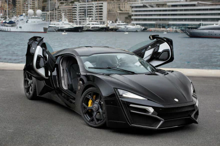 A striking Lykan HyperSport showcases its sleek design with doors open, set against a picturesque waterfront background, making for an impressive HD desktop wallpaper.