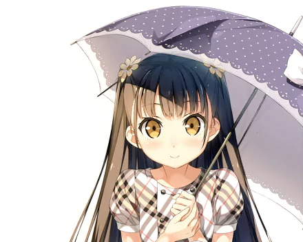 Anime-style illustration of a girl with long dark hair holding a polka-dotted umbrella, designed as an HD PC desktop wallpaper for 5 Nenme no Houkago, Original artwork.