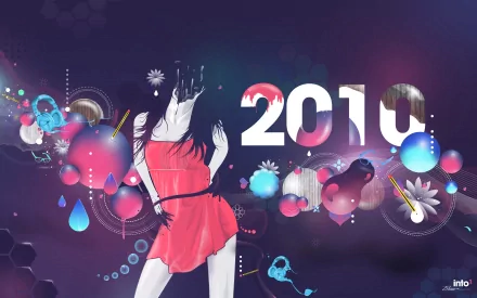 HD PC desktop wallpaper featuring a vibrant New Year 2010 holiday theme with a dancing woman, colorful abstract shapes, and festive digital elements on a dark background.