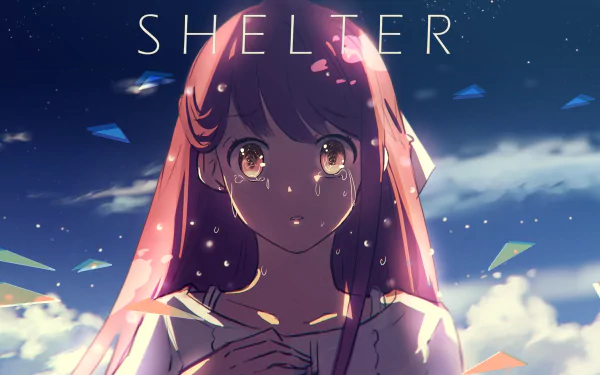 HD desktop wallpaper of anime character Rin from Shelter. The image features Rin with tears in her eyes against a sky backdrop with clouds and floating paper planes. The word SHELTER is at the top.