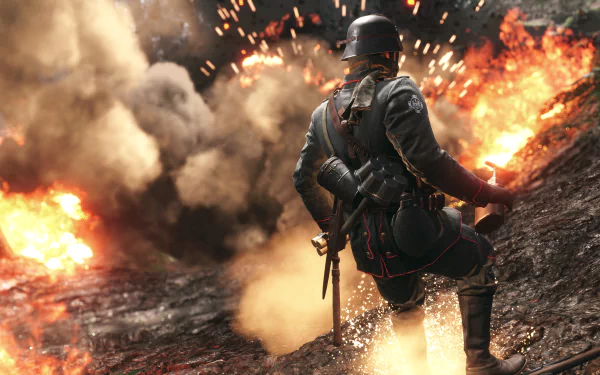 A soldier stands amidst explosions in a dramatic scene from Battlefield 1, capturing the intense atmosphere of war in stunning 4K Ultra HD resolution.