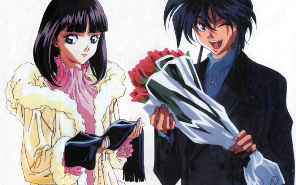 Anime 4K Ultra HD PC desktop wallpaper — After War Gundam X: dark-haired man offers a wrapped bouquet to a blushing woman in a fur-trimmed coat against a pale background.