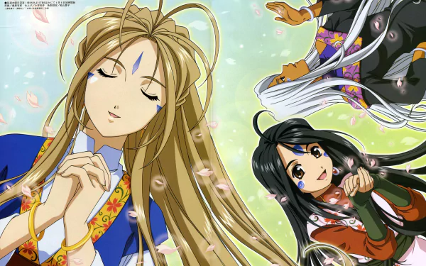 HD anime wallpaper featuring Skuld, Urd, and Belldandy from Ah! My Goddess, showcasing the three goddesses with serene expressions against a light, floral background.