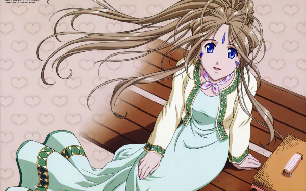 4K Ultra HD anime wallpaper featuring a character from Ah! My Goddess with flowing hair, sitting on a wooden bench against a heart-patterned background.