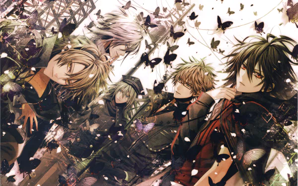 An 8K Ultra HD wallpaper featuring characters Shin, Ukyo, Toma, Ikki, and Kent from the otome game Amnesia, surrounded by butterflies in a visually stunning anime style.