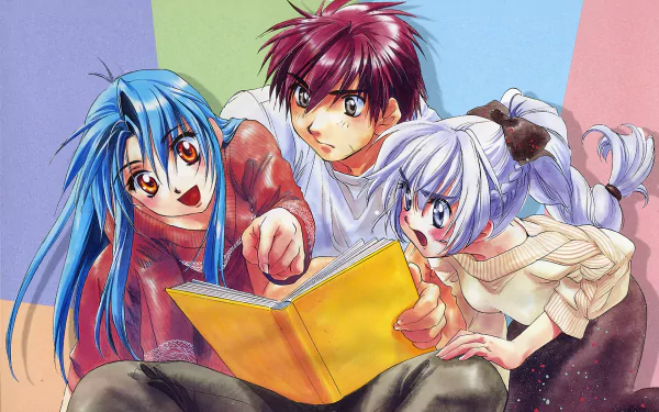 HD anime PC desktop wallpaper from Full Metal Panic! showing three characters—blue, red and silver-haired—huddled over a yellow book against a soft pastel background.