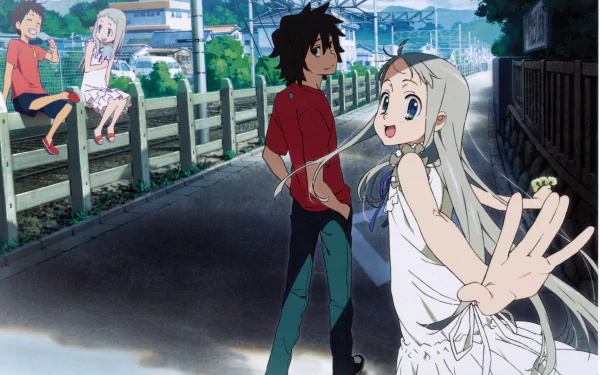 Anohana anime 5K Ultra HD PC desktop wallpaper: cheerful ghost girl in a white dress reaches out while a boy and friends walk along a sunny village street.
