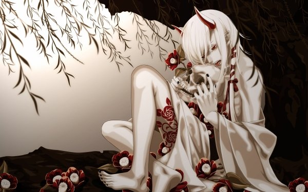 Dark Demon Fantasy Horns Skull Flower White Hair Tattoo HD Wallpaper | Background Image