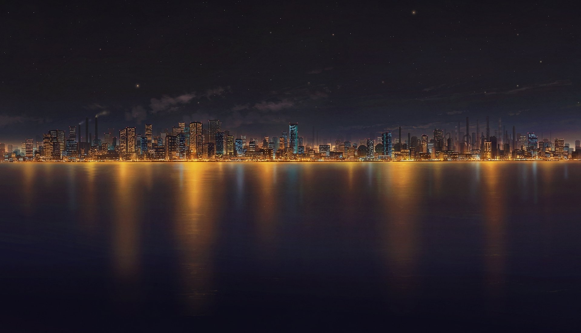 HD anime cityscape at night with glowing skyline reflecting on calm water, designed as a vibrant PC desktop wallpaper and background.