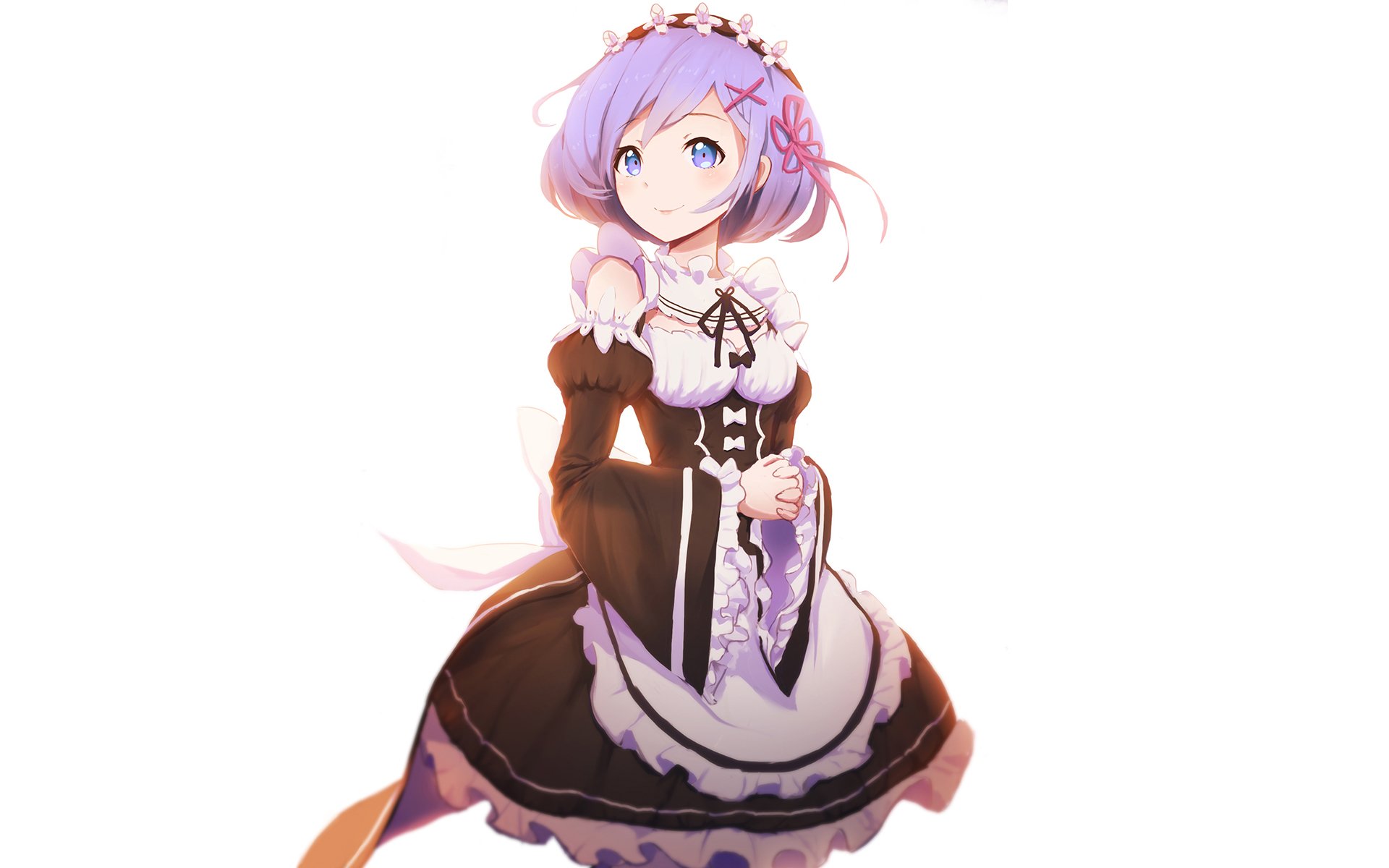 A vibrant HD wallpaper featuring Rem from Re:ZERO - Starting Life in Another World, showcasing her in a classic maid outfit against a soft background.