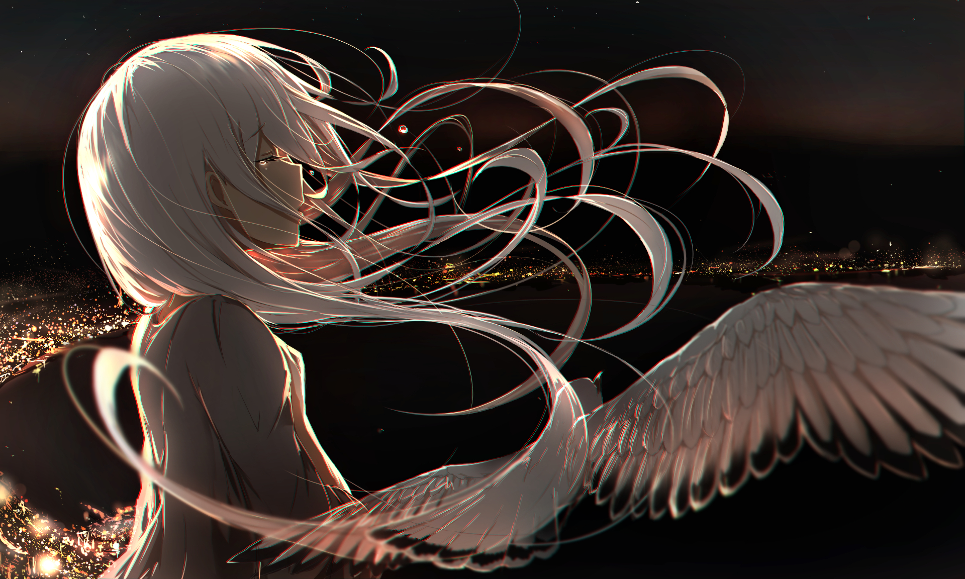 HD PC desktop wallpaper featuring IA from Vocaloid with flowing white hair and angelic wings against a dark, starry night background in an anime style.