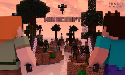 A vibrant HD desktop wallpaper featuring characters from Minecraft, facing a landscape populated by various creatures, with the game’s title prominently displayed in the background.