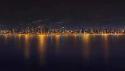 HD anime cityscape at night with glowing skyline reflecting on calm water, designed as a vibrant PC desktop wallpaper and background.