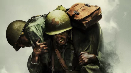 A dramatic scene from Hacksaw Ridge, depicting soldiers in World War II, capturing the intensity of battle and the courage of those who fought. High-definition wallpaper for PC.