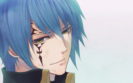 Close-up of Jellal Fernandes from the anime Fairy Tail, featuring his striking blue hair and unique facial markings, designed as an HD PC desktop wallpaper and background.