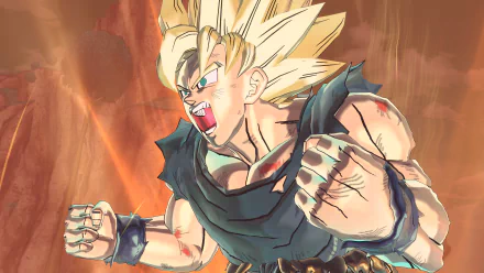 HD wallpaper featuring Super Saiyan 2 Goku from Dragon Ball Xenoverse 2, showcasing an intense battle stance with vibrant energy and emotional expression.