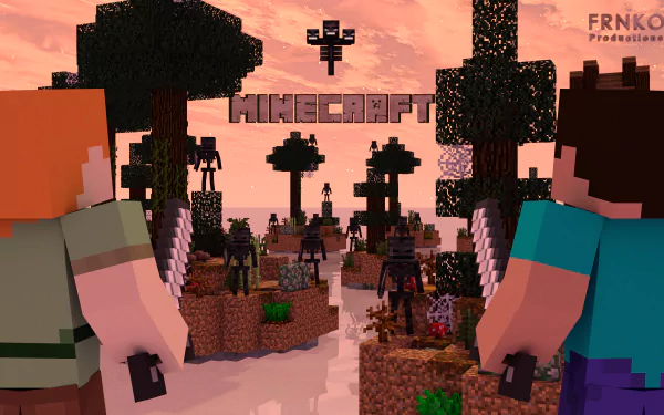 A vibrant HD desktop wallpaper featuring characters from Minecraft, facing a landscape populated by various creatures, with the game’s title prominently displayed in the background.