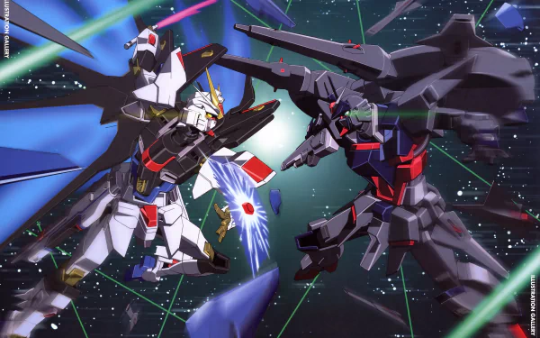 4K Ultra HD anime wallpaper featuring dynamic Mobile Suit Gundam Seed Destiny mecha battle in space with vibrant laser effects on a PC desktop background.