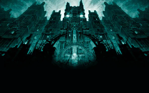 HD PC desktop wallpaper featuring a dark, gothic asylum building inspired by Disturbed's heavy metal music and themes from their album Asylum.