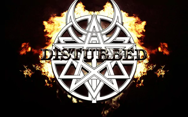 HD desktop wallpaper featuring Disturbed band logo with heavy metal design and fiery background, representing intense music energy.