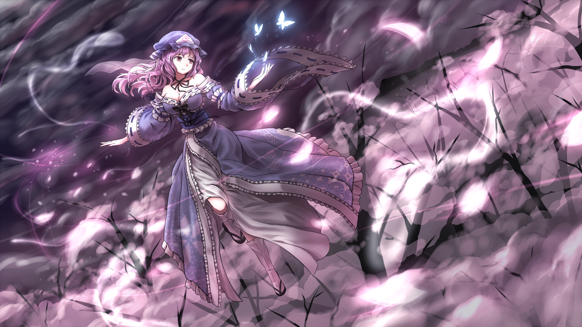 4K Ultra HD PC desktop wallpaper featuring Yuyuko Saigyouji from the Touhou anime, surrounded by glowing butterflies and ethereal pink cherry blossoms.