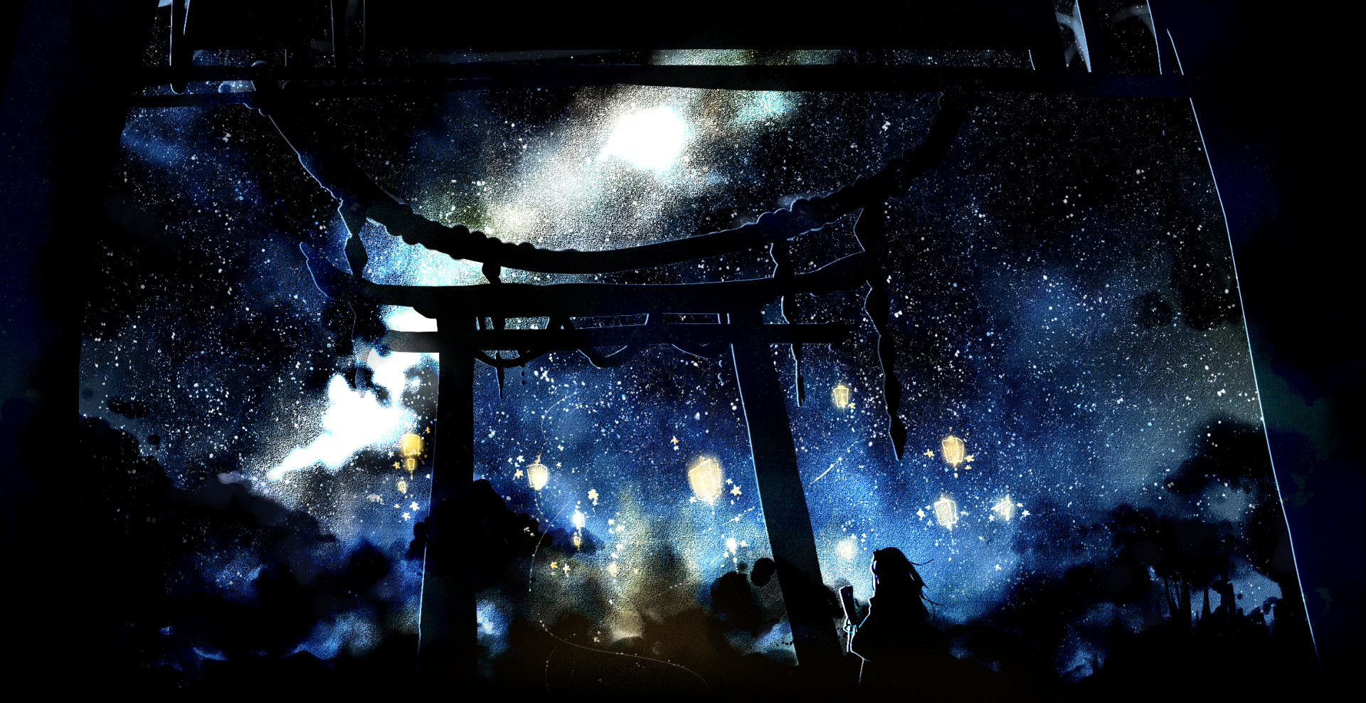 Anime-style HD desktop wallpaper featuring a starry night sky with a shooting star, silhouetted torii gate, and glowing lanterns, capturing a serene Touhou night scene.