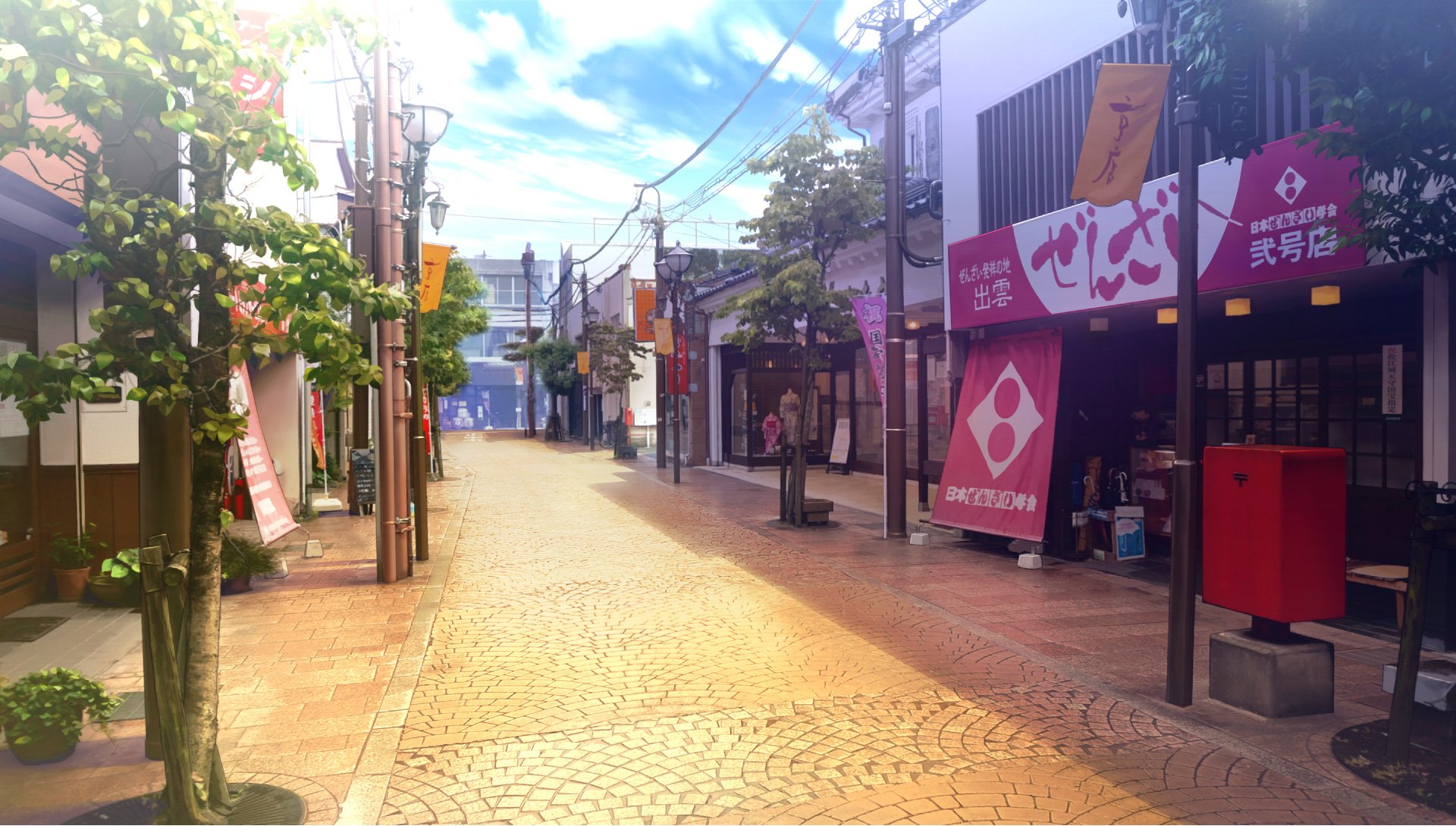 HD PC desktop wallpaper/background of a sunlit Japanese shopping street from the video game Root Letter, showing a cobblestone road, storefronts and colorful hanging banners.