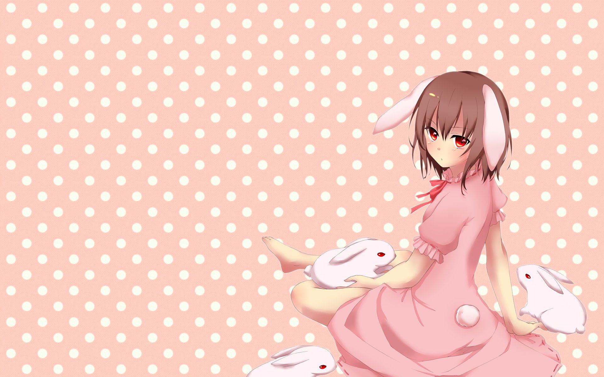 Tewi Inaba (Touhou) anime HD PC desktop wallpaper: bunny-eared girl in a pink dress surrounded by white rabbits on a peach polka-dot background.