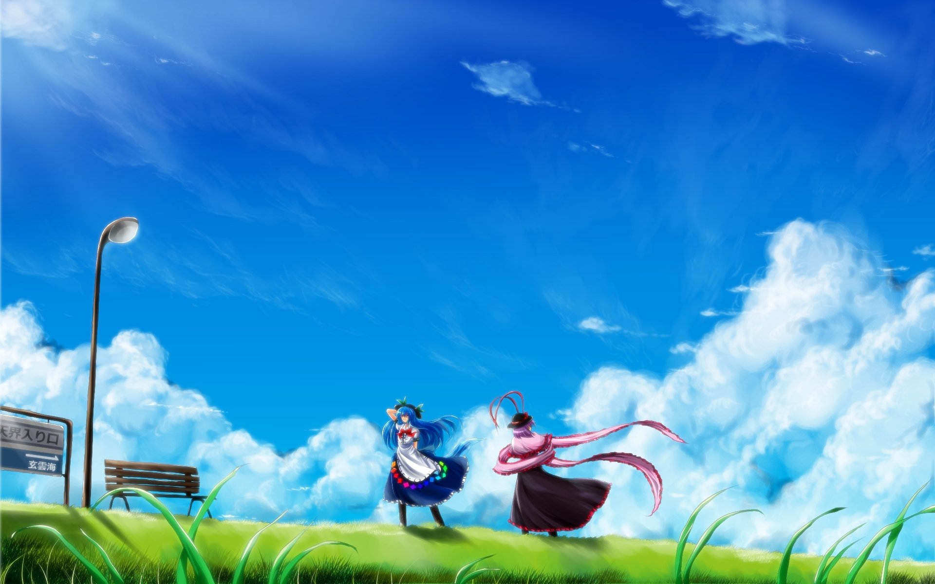 HD PC desktop wallpaper: Touhou anime scene with Iku Nagae and Tenshi Hinanawi walking on green grass under a bright blue sky, bench and lamppost at left.