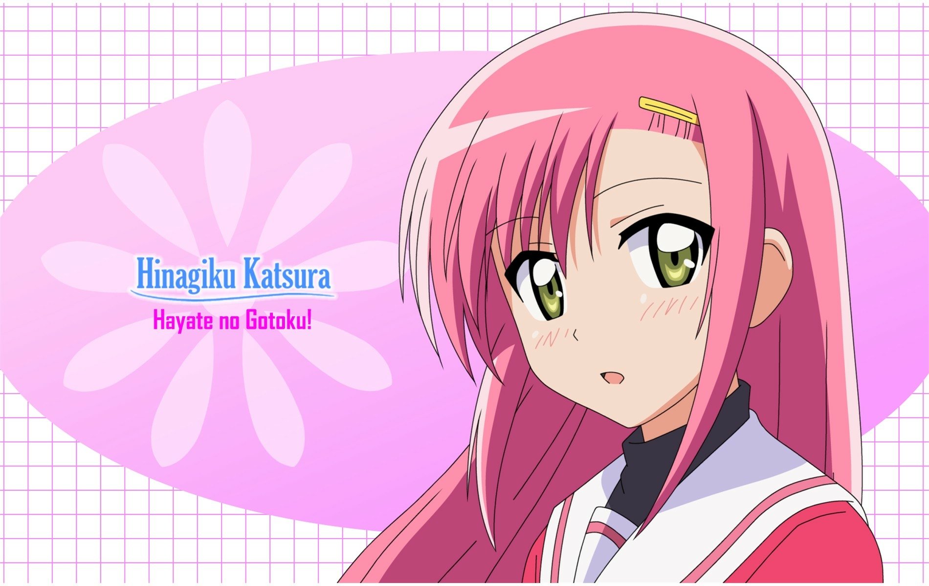 Anime HD PC desktop wallpaper featuring Hinagiku Katsura from Hayate the Combat Butler — pink-haired schoolgirl in a sailor uniform against a pink floral grid background.
