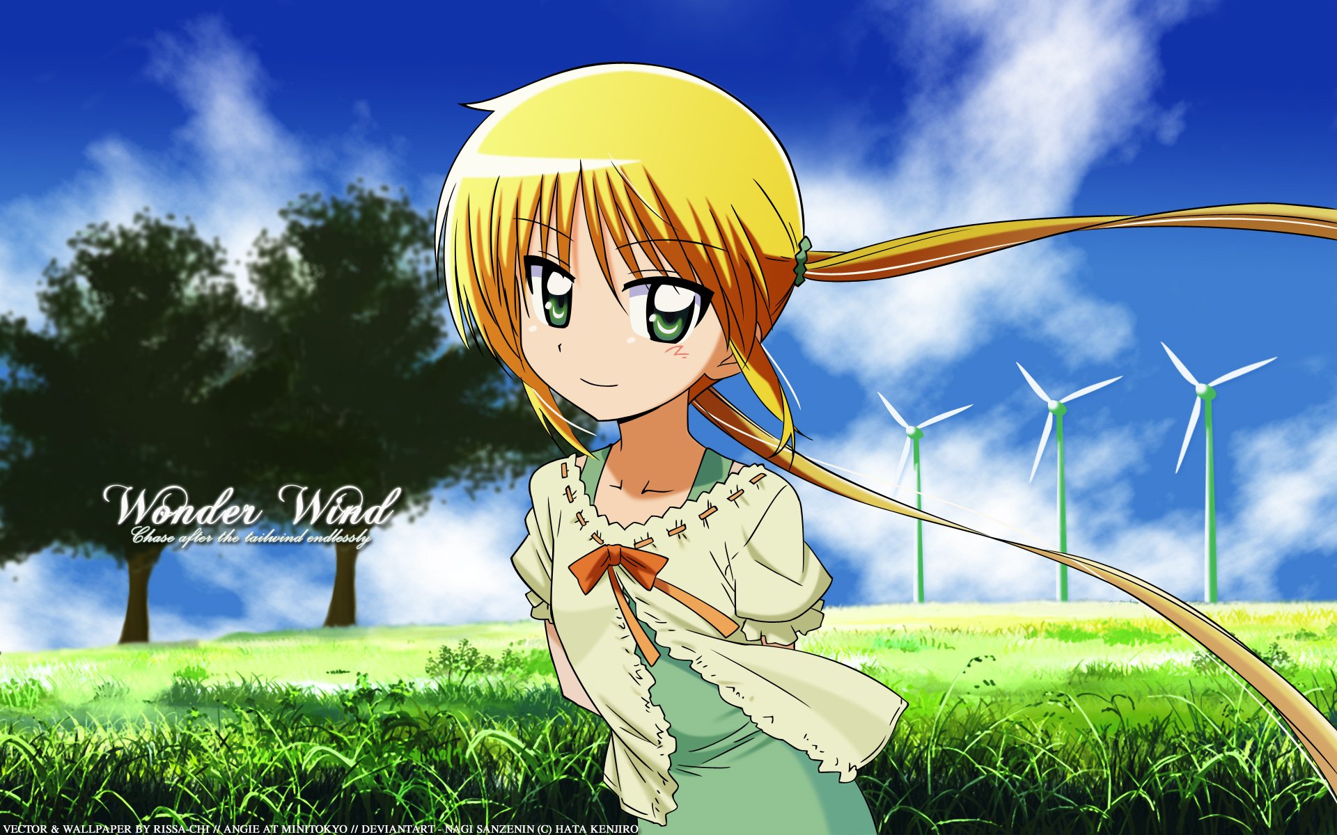HD PC desktop wallpaper/background from the anime Hayate the Combat Butler: a blonde girl in a white blouse stands in a sunny grassy field with windmills and a blue sky.