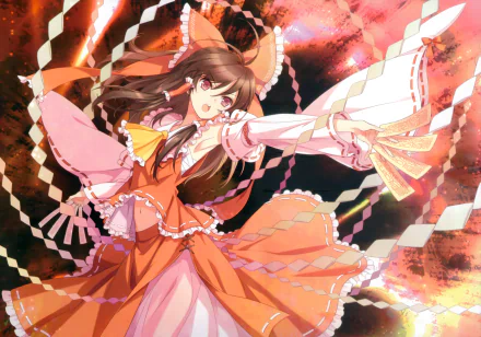 HD PC desktop wallpaper featuring Reimu Hakurei from the Touhou anime series, depicted in vibrant colors and dynamic motion with her iconic outfit and charms.
