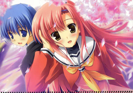 4K Ultra HD PC desktop wallpaper from Hayate the Combat Butler anime: pink-haired girl in school uniform and blue-haired companion smiling beneath falling cherry blossoms.
