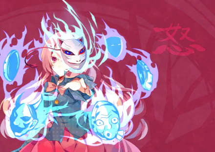 Hata no Kokoro (Touhou) anime art: masked girl surrounded by blue spirit masks and flames on a red background — 2K Quad HD PC desktop wallpaper/background.