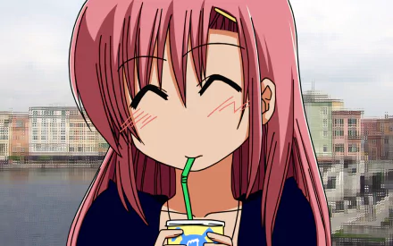 HD PC desktop wallpaper — anime (Hayate the Combat Butler): pink-haired girl smiling with closed eyes, sipping a juice box through a straw in front of a waterfront cityscape.