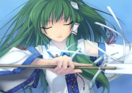 HD anime wallpaper featuring Sanae Kochiya from Touhou with flowing green hair and closed eyes, gracefully holding a staff against a serene blue background.