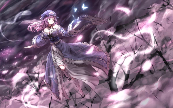 4K Ultra HD PC desktop wallpaper featuring Yuyuko Saigyouji from the Touhou anime, surrounded by glowing butterflies and ethereal pink cherry blossoms.