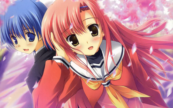 4K Ultra HD PC desktop wallpaper from Hayate the Combat Butler anime: pink-haired girl in school uniform and blue-haired companion smiling beneath falling cherry blossoms.