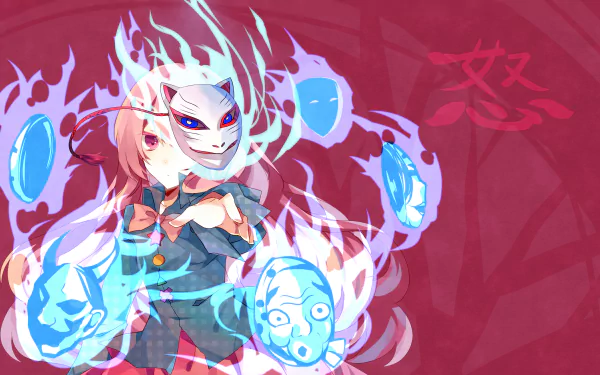 Hata no Kokoro (Touhou) anime art: masked girl surrounded by blue spirit masks and flames on a red background — 2K Quad HD PC desktop wallpaper/background.