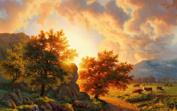 Artistic HD landscape wallpaper showing a serene fall scene with cows grazing near a country road, vibrant trees, a mountain backdrop, and a waterfall under a glowing sky.