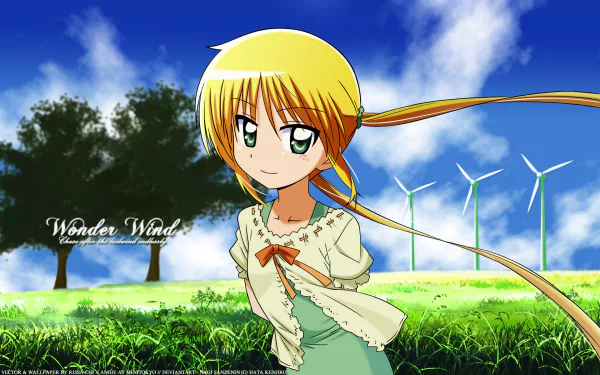 HD PC desktop wallpaper/background from the anime Hayate the Combat Butler: a blonde girl in a white blouse stands in a sunny grassy field with windmills and a blue sky.