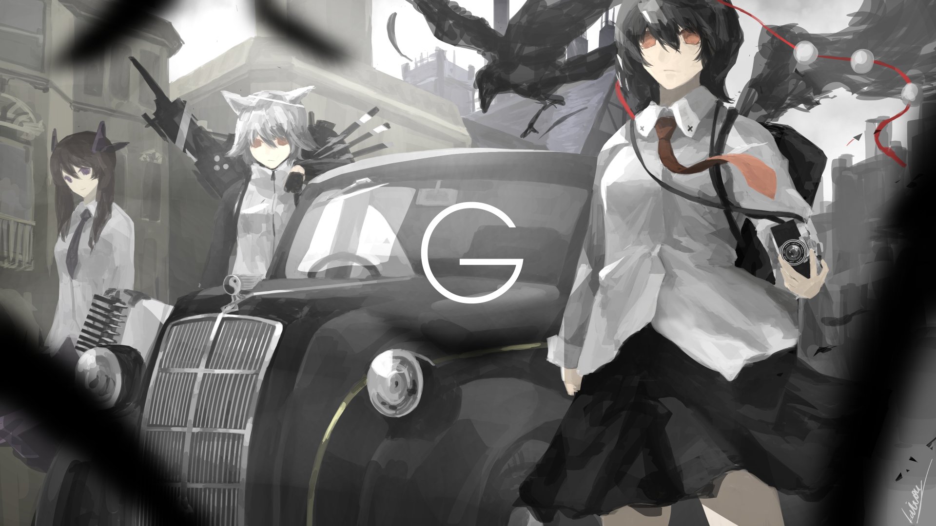 HD anime desktop wallpaper featuring Touhou characters Hatate Himekaidou, Momiji Inubashiri, and Aya Shameimaru around a vintage car in a monochrome style.
