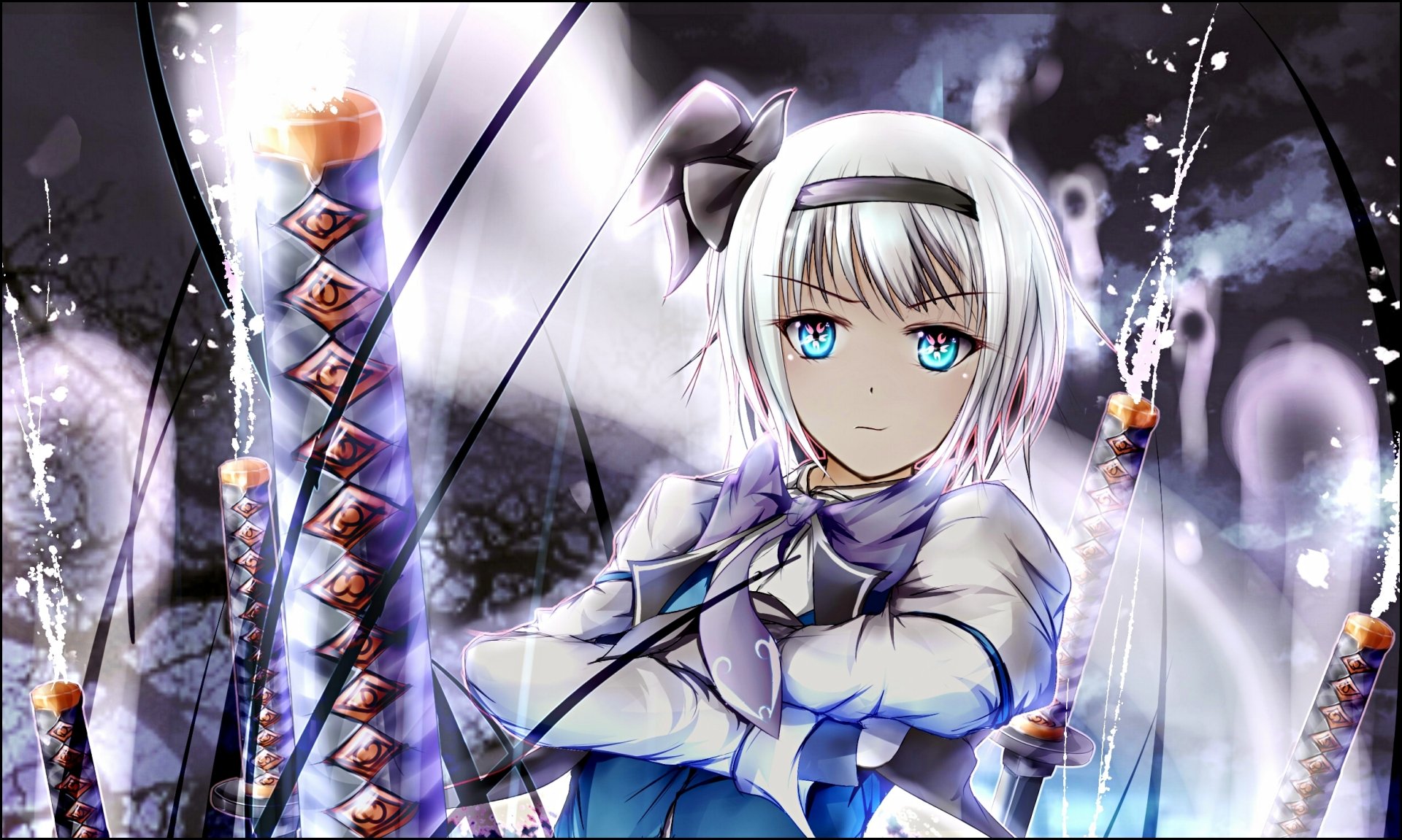 A stunning HD wallpaper featuring Youmu Konpaku from Touhou, showcasing her dual swords and striking blue eyes against an intricate background of swirling elements.