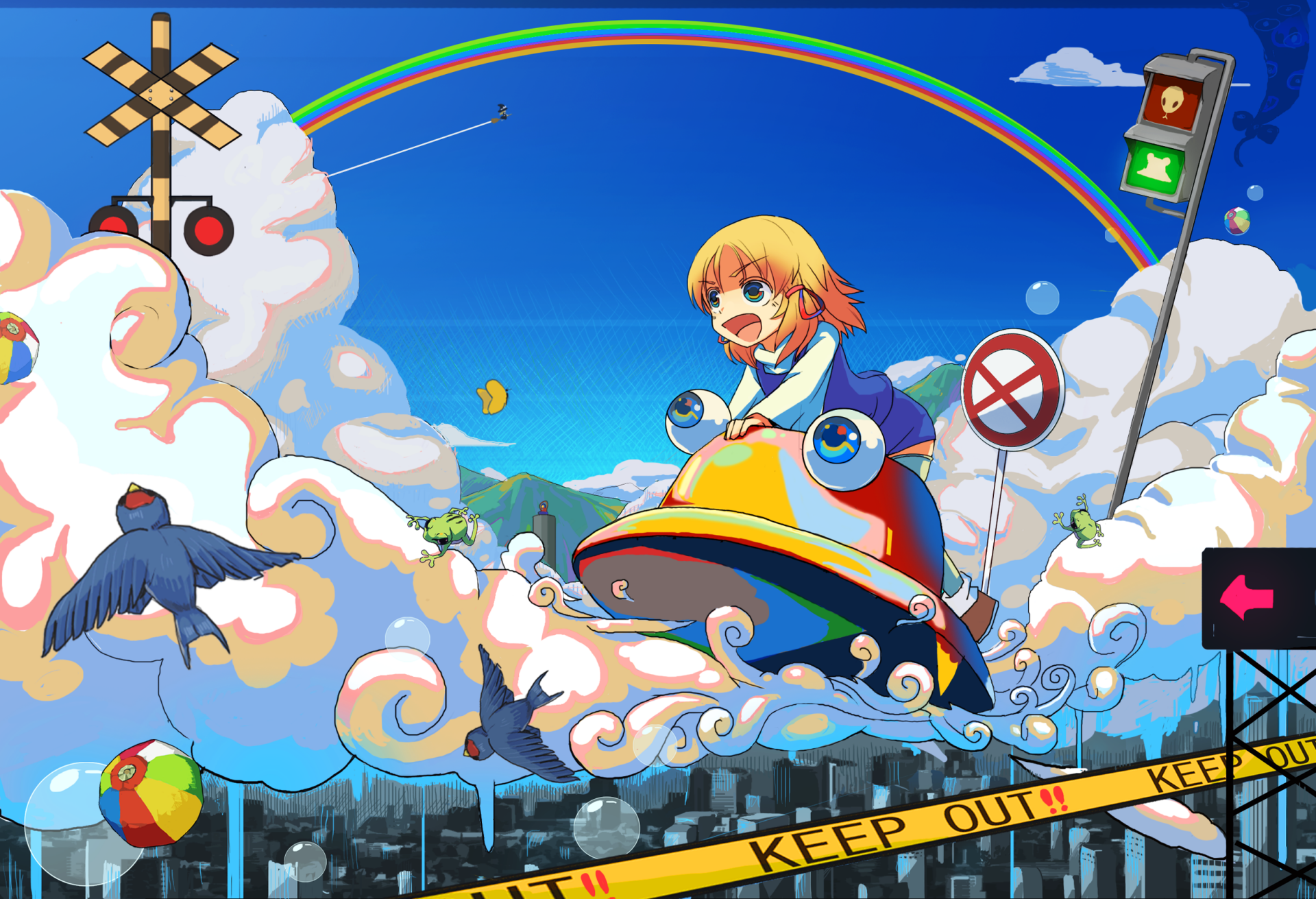HD PC desktop wallpaper featuring Suwako Moriya from Touhou, flying joyfully above clouds with a rainbow, railroad crossing signs, and playful elements in a vibrant anime style.